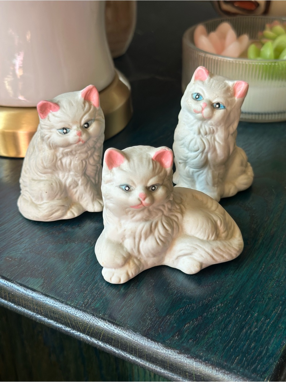 Vintage White Ceramic Cat Trio with Pink Accents